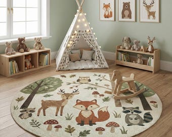 Natural Woodland Fox Kid's Room Round Rug -Forest Animals Nature Scene Circle Carpet-Adorable Playroom Mat-Earthy Nursery Decor-Washable Rug