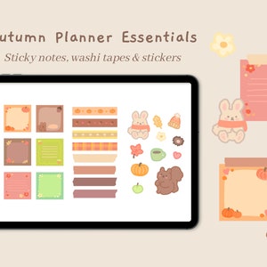 May include: A digital tablet screen displaying a set of autumn-themed planner stickers, washi tapes, and sticky notes. The stickers feature images of pumpkins, squirrels, bunnies, leaves, and coffee cups. The washi tapes have patterns of plaid, leaves, and pumpkins. The sticky notes are in various colors and have different designs.