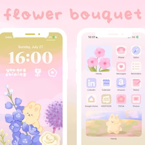 May include: Two smartphones displaying a pastel-colored theme with the text "flower bouquet". One screen shows a floral wallpaper with a bunny and the time. The other shows app icons and a flower graphic.