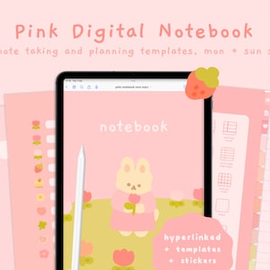 Op de afbeelding: Roze digitaal notitieboek met 30 sjablonen voor het maken van notities en plannen. Het notitieboek heeft een schattige konijnenillustratie en de tekst "pink notebook mon start" en "notebook".