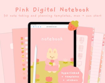 かわいいピンクのデジタルノート | ハイパーリンクされた Goodnotes5 テンプレート | 学習プランナー | かわいいステッカー | 韓国語と日本語 | StudioCherii