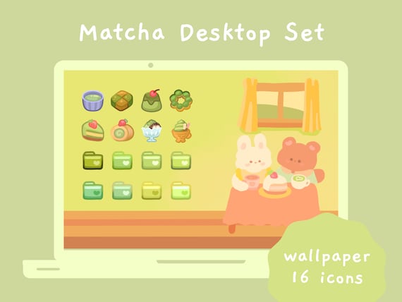 Cute Matcha Desktop Icon Set | Windows & Mac | Wallpaper | Kawaii Folder Icons | Cafe Sweets | Green Anime Aesthetics | StudioCherii