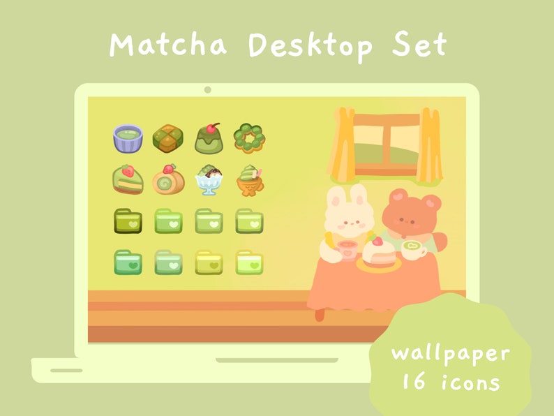 K&ouml;nnte beinhalten: Ein digitales Desktop-Set mit einem gr&uuml;nen und gelben Farbschema, das eine Tapete mit einem Hasen und einem B&auml;ren zeigt, die Tee und Kuchen genie&szlig;en. Das Set enth&auml;lt 16 Symbole f&uuml;r verschiedene Matcha-Desserts und -Getr&auml;nke.