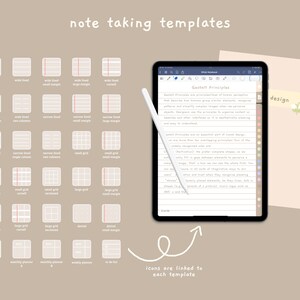 May include: A digital tablet screen displaying a note-taking template with the title "Gestalt Principles" and a description of the principles. The tablet is on a beige background with a white stylus and a folder with a design tab.