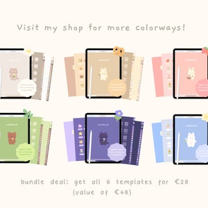 May include: Six digital planner templates for iPad featuring different colorways and cute animal illustrations. Each template includes a notebook, stickers, and a checklist. Bundle deal: get all 6 templates for &euro;28 (value of &euro;48).