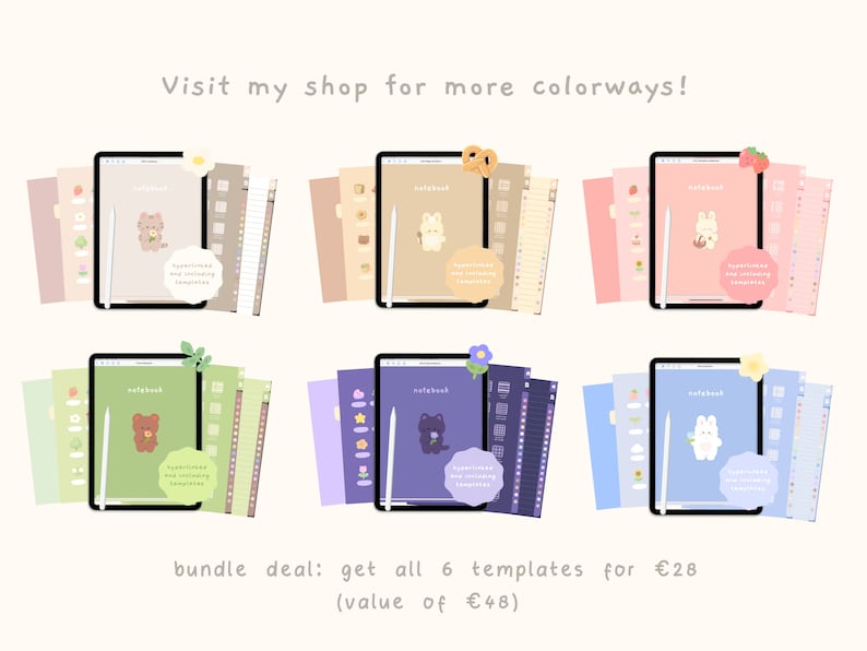 May include: Six digital planner templates for iPad featuring different colorways and cute animal illustrations. Each template includes a notebook, stickers, and a checklist. Bundle deal: get all 6 templates for &euro;28 (value of &euro;48).
