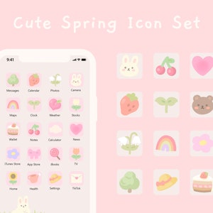 May include: A set of cute spring-themed icons for a smartphone. The icons feature images of a bunny, cherries, a heart, a strawberry, a sprout, a bear, a lily of the valley, a rainbow, a flower, a tree, a hat, and a cake.