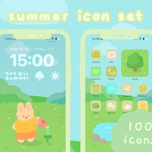 May include: A green and yellow phone screen with a summer theme. The screen shows a cartoon bunny watering a flower. The top of the screen says "summer icon set" and the bottom says "100 icons".