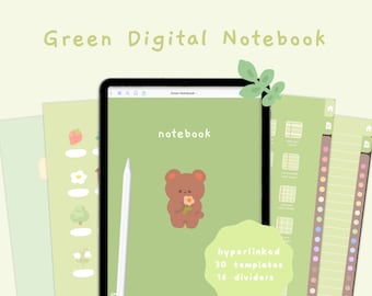 Può includere: Blocco notes digitale verde con 30 modelli e 16 divisori. La copertina presenta un simpatico orso dei cartoni animati che tiene un fiore. Il blocco notes è progettato per l'uso su un tablet o un computer.