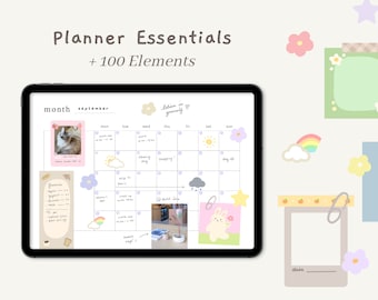 Digital Planner Essentials with + 100 Elements | Kawaii & Cute | Goodnotes | Printable Stickers | Journaling and Planner | StudioCherii