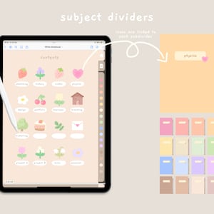 May include: A digital tablet screen displaying a list of subjects with corresponding icons. The subjects include sketching, history, math, physics, design, portfolio, ballness, branding, modelling, project A, project B, misc, and personal. The tablet is on a light brown surface. The text "subject dividers" is written above the tablet. The text "icons are linked to each subdivider" is written below the tablet. A white stylus is next to the tablet. A separate image shows a divider with the text "physics" and a pink heart icon. Below the divider are 20 colorful dividers.
