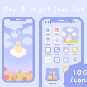 Cute Blue Day & Night Hand Drawn iOS and Android App Icon Set | Home Screen Theme | Widget | Wallpapers | Kawaii | StudioCherii
