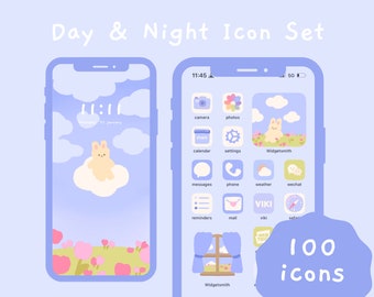 Cute Blue Day & Night Hand Drawn iOS and Android App Icon Set | Home Screen Theme | Widget | Wallpapers | Kawaii | StudioCherii