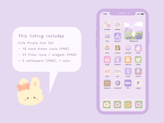 Cute Purple Ios Icons Kawaii Cats Icon Bundle App (Instant