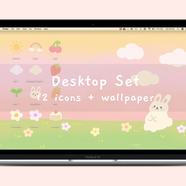 Cute Sunset Bunny Desktop Set | 12 Digital Icons + Wallpaper | For Mac and Windows | StudioCherii