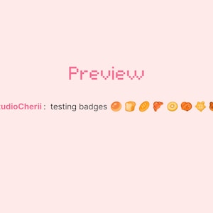 May include: A light pink background with the word "Preview" in pixelated pink text. Below, the text "StudioCherii : testing badges" is displayed in pink. A row of baked goods icons, including a bun, bread, croissant, and bear-shaped pastry, are shown.