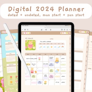 Cute Digital 2024 Dated + Undated Planner - mon and sun start | Hyperlinked Portrait PDF | Templates | Precropped Stickers | StudioCherii