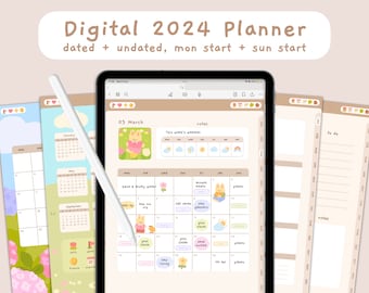 Cute Digital 2024 Dated + Undated Planner - mon and sun start | Hyperlinked Portrait PDF | Templates | Precropped Stickers | StudioCherii