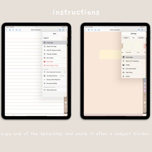 May include: A screenshot of an iPad screen showing the "More" menu in the GoodNotes app. The menu includes options to copy, duplicate, add, change, clear, and move pages. The menu also includes options to browse bracketed comments, adjust the scribbling direction, style and path direction, document settings, and study flashcards.