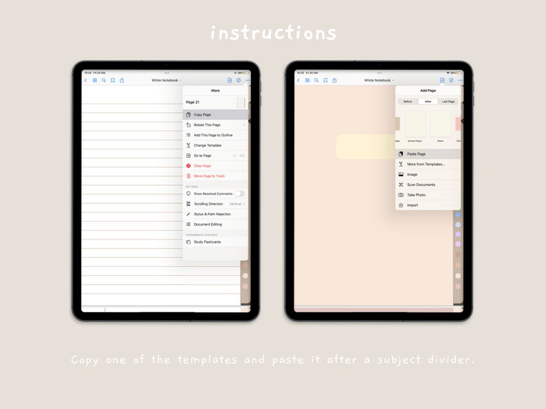 May include: A screenshot of an iPad screen showing the "More" menu in the GoodNotes app. The menu includes options to copy, duplicate, add, change, clear, and move pages. The menu also includes options to browse bracketed comments, adjust the scribbling direction, style and path direction, document settings, and study flashcards.