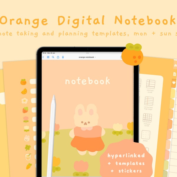 Cute Orange Digital Notebook | Hyperlinked Goodnotes5 Template | Study Planner | Kawaii Stickers | Korean & Japanese | StudioCherii