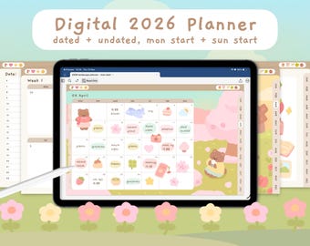 Cute Digital 2026 Dated + Undated Planner - mon and sun start | Hyperlinked Landscape PDF | Templates | Precropped Stickers | StudioCherii
