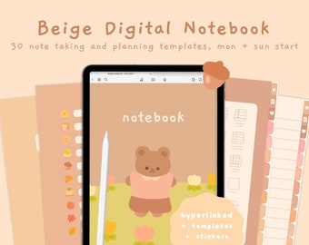 Cute Beige Digital Notebook | Hyperlinked Goodnotes5 Template | Study Planner | Kawaii Stickers | Korean & Japanese | StudioCherii