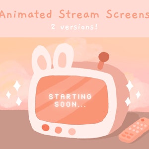 May include: A pink and white cartoon television with bunny ears, displaying the text "STARTING SOON..." on a screen. The television is sitting on a brown surface with a pink remote control.