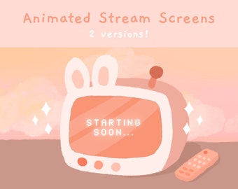 May include: A pink and white cartoon television with bunny ears, displaying the text "STARTING SOON..." on a screen. The television is sitting on a brown surface with a pink remote control.