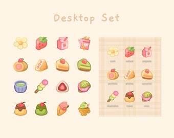 Cute Desktop Set | 16 Icons + Wallpaper | Japanese Sweets | MacOS and Windows | Aesthetic Laptop Home Screen | Anime | StudioCherii