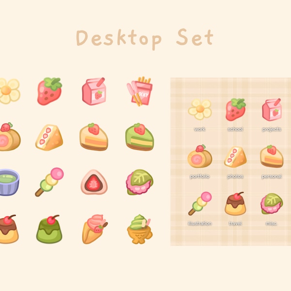 Cute Desktop Set | 16 Icons + Wallpaper | Japanese Sweets | MacOS and Windows | Aesthetic Laptop Home Screen | Anime | StudioCherii