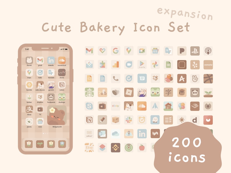 Neutral Icons -  Expansion Pack + Lifetime Updates | iOS14 & Android App Icons | Beige Brown Bakery Home Screen Set | Widgets | StudioCherii 