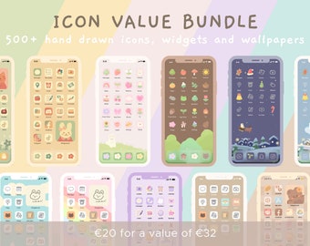 Cute Icon Value Bundle with +500 Icons | iOS14 & Android App Icons, Widgets and Wallpapers Bundle | Kawaii Themes | iPhone | StudioCherii