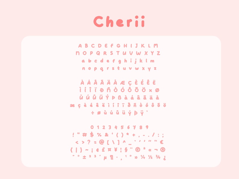 以下が含まれることがあります： ピンクと白のアルファベットチャートで、上部に「Cherii」という単語が大きな丸みを帯びたフォントで書かれています。チャートには、大文字と小文字、数字、句読点が含まれています。