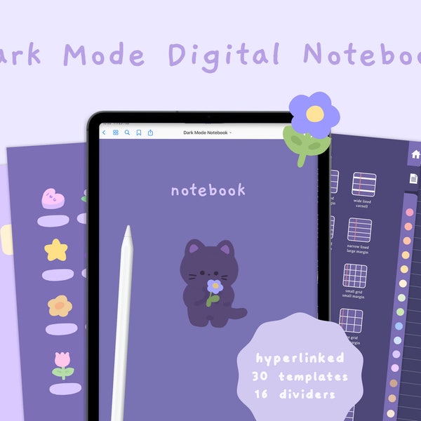 Cute Dark Mode Digital Notebook | Hyperlinked Goodnotes5 Notebook | Notetaking Templates | Kawaii | Korean & Japanese | StudioCherii