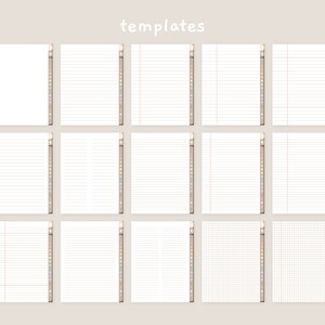 May include: A set of 12 printable notebook paper templates. The templates include blank, lined, and grid paper. The templates are perfect for use in planners, journals, and notebooks.