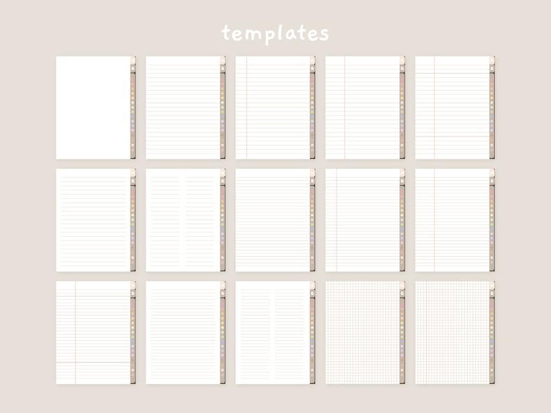 May include: A set of 12 printable notebook paper templates. The templates include blank, lined, and grid paper. The templates are perfect for use in planners, journals, and notebooks.