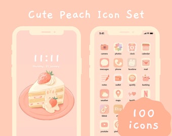Könnte beinhalten: Ein rosa und weißer Telefonbildschirm mit einem Icon-Set zum Thema Pfirsich. Die Icons sind in einem Raster angeordnet und beinhalten Icons für Kamera, Fotos, Uhr, Kalender, Nachrichten, Telefon, FaceTime, Mail, Notizen, Brieftasche, Spotify, Banking, Wetter, Karten, Gesundheit, TikTok, Etsy, YouTube und Pinterest. Der Text "100 Icons" befindet sich in einem pfirsichfarbenen Kreis in der unteren rechten Ecke des Bildschirms.