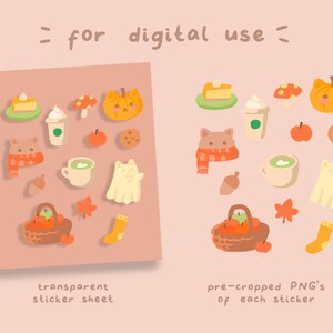May include: A digital sticker sheet with a variety of autumn-themed illustrations, including pumpkins, ghosts, cats, coffee cups, and apples. The sheet is designed for digital use and includes pre-cropped PNGs of each sticker.