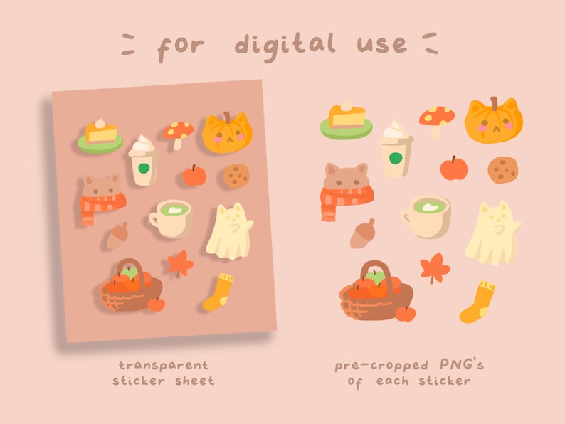 May include: A digital sticker sheet with a variety of autumn-themed illustrations, including pumpkins, ghosts, cats, coffee cups, and apples. The sheet is designed for digital use and includes pre-cropped PNGs of each sticker.