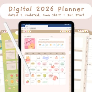 Puede incluir: Un planificador digital 2026 en una tableta, con el texto "Digital 2026 Planner". El planificador ofrece opciones con y sin fecha, con calendarios que comienzan los lunes y domingos. La pantalla muestra un diseño de calendario con ilustraciones.