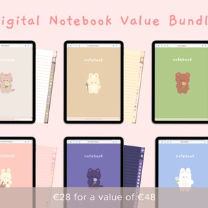 May include: A digital notebook value bundle with six different covers featuring cute animal illustrations. Each notebook has a lined page and a page with a checklist. The text on the image reads "Digital Notebook Value Bundle" and "€28 for a value of €48".