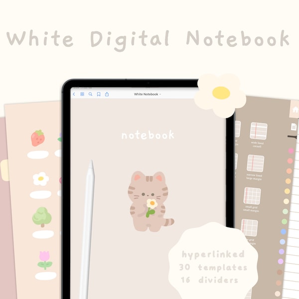 Cute White Digital Notebook | Hyperlinked Goodnotes5 Notebook | Notetaking Templates | Kawaii | Korean & Japanese | StudioCherii