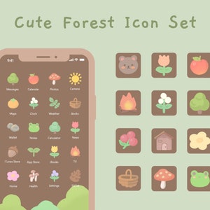 May include: A phone screen with a brown background and colorful icons depicting forest animals, plants, and objects. The icons are arranged in a grid and labeled with app names like "Messages", "Calendar", "Photos", and "Camera". The phone screen is surrounded by a green background with the text "Cute Forest Icon Set" at the top.