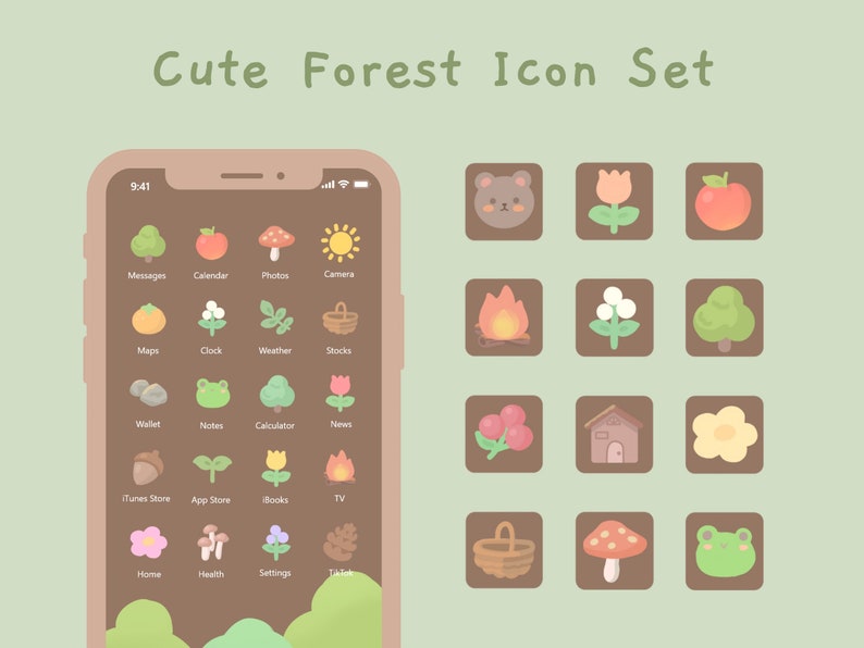 Cute Hand Drawn Forest iOS14 & Android App Icons | Home Screen Set | Widget | Wallpapers | Kawaii | Green Brown | Cottagecore | StudioCherii 