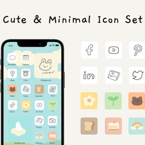 May include: A smartphone screen with a light blue background and a grid of colourful app icons. The icons are stylised with cute, minimalist drawings of animals, objects, and symbols. The text "Widgetsmith" appears at the top of the screen.