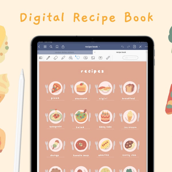 Cute Digital Recipe Book Template for Goodnotes | Pre-cropped Stickers | Hyperlinked PDF | Cooking Kawaii | StudioCherii