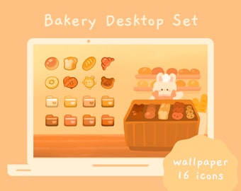 Cute Bakery Desktop Icon Set | Windows & Mac | Wallpaper | Folder Icons | Kawaii Bread Bunny | Japanese Korean Aesthetics | StudioCherii