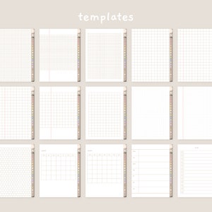 May include: A set of 12 printable planner templates featuring a variety of grid, calendar, and lined layouts. The templates are designed for use with a standard 8.5 x 11 inch paper size.