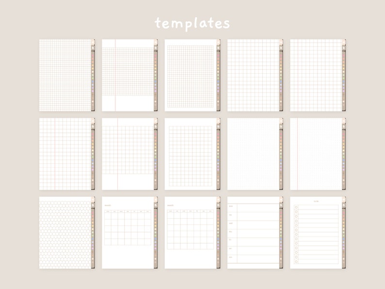 May include: A set of 12 printable planner templates featuring a variety of grid, calendar, and lined layouts. The templates are designed for use with a standard 8.5 x 11 inch paper size.